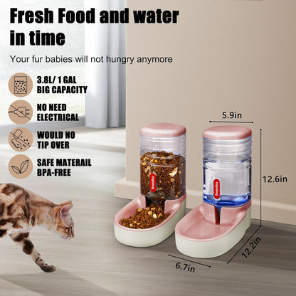 Automatic Pet Feeder Small&Medium Pets Automatic Food Feeder and Waterer Set 3.8L, Travel Supply Feeder and Water Dispenser for Dogs Cats Pets Animals (Pink)