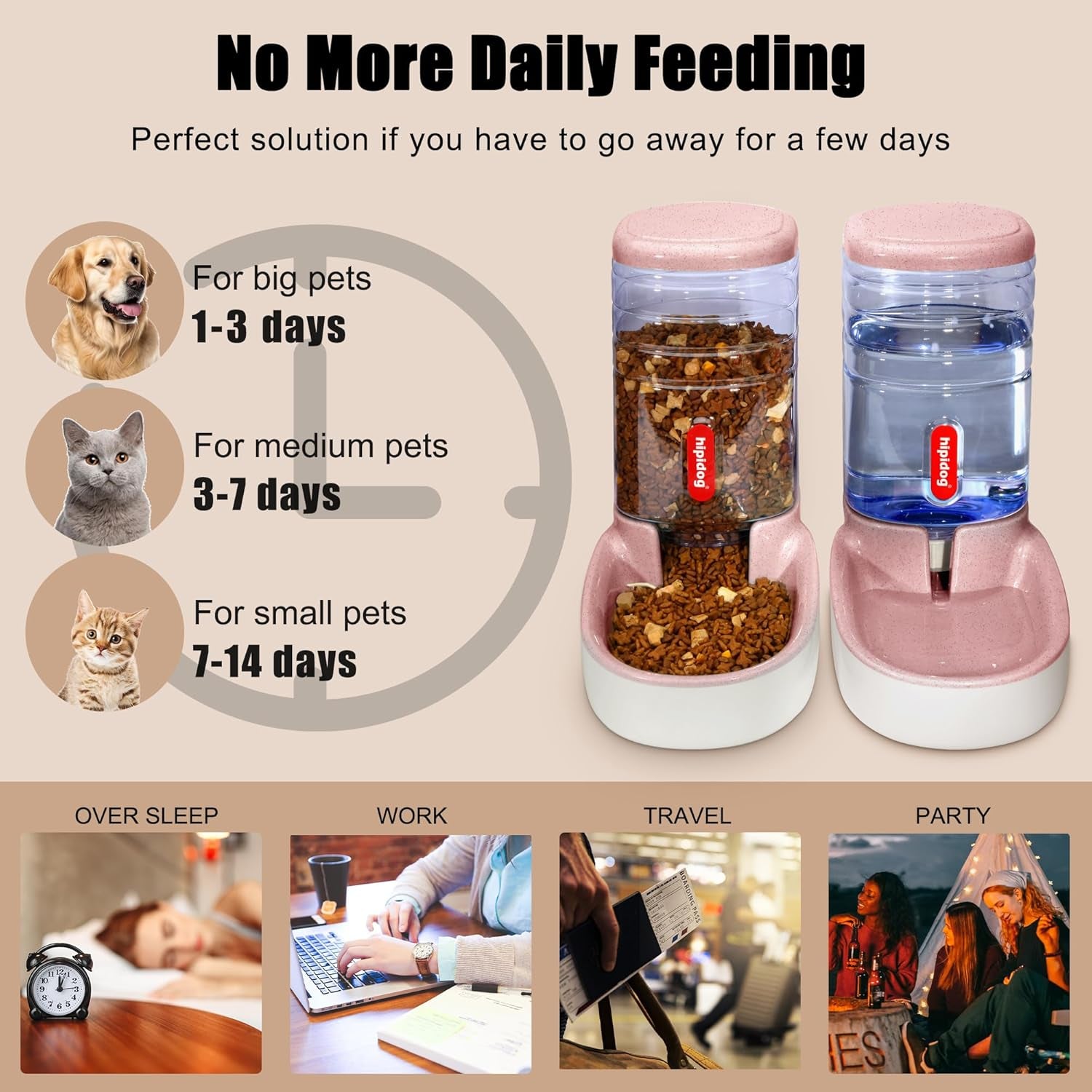 Automatic Pet Feeder Small&Medium Pets Automatic Food Feeder and Waterer Set 3.8L, Travel Supply Feeder and Water Dispenser for Dogs Cats Pets Animals (Pink)